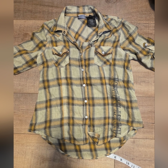 Harley-Davidson ($85) Women’s Plaid Button Up Shirt Western Moto Yellow Gray - Picture 2 of 8